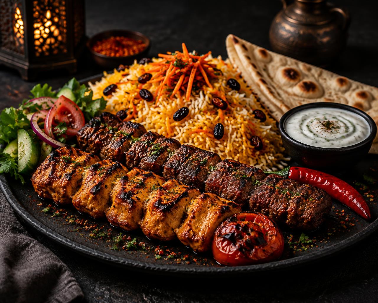 Char-grilled lamb and chicken kebabs served with saffron Qabuli rice, fresh salad and flatbread at Red Chili Kebab & Gyro